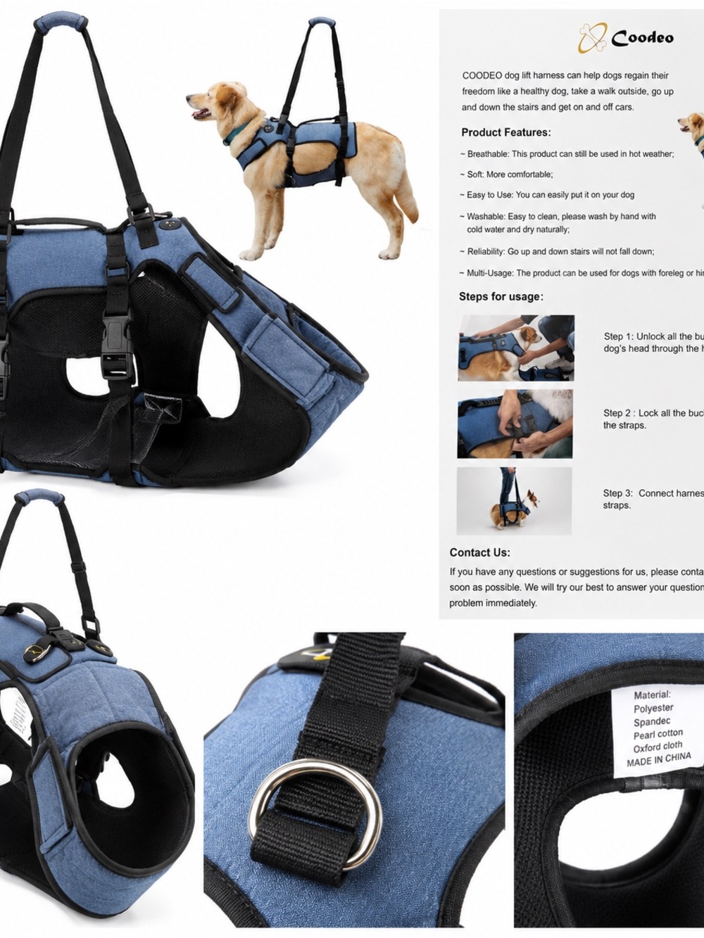 Coodeo Dog Lift Support Harness Mobility Sling Blue Adjustable Assist Harness